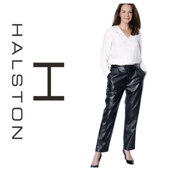 NWT Halston Faux Leather Retro Style High Waisted Pleated Trousers - Picture 1 of 16